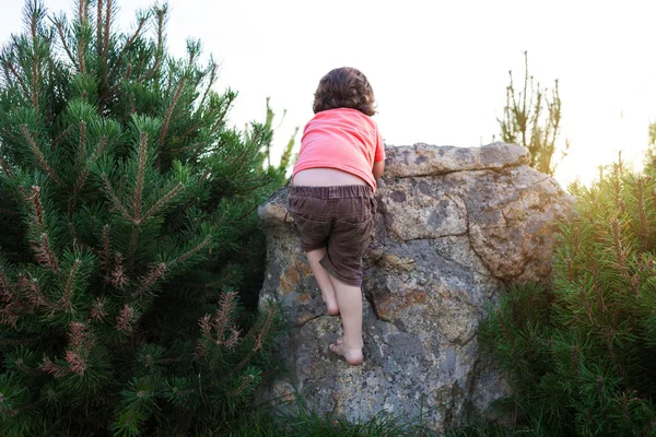 El chico sube a la piedra . — Foto de Stock