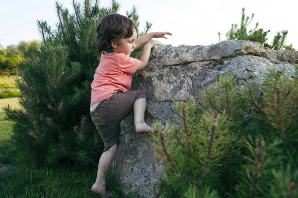 Çocuk taşa tırmanıyor.
