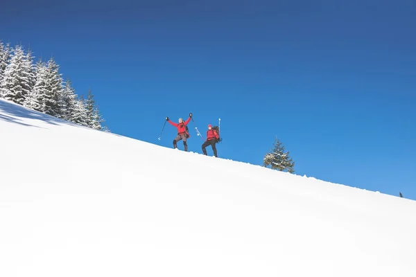 Dos escaladores están en las montañas . — Foto de Stock