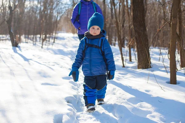 Le garçon marche avec sa mère à travers le bois en hiver . — Photo