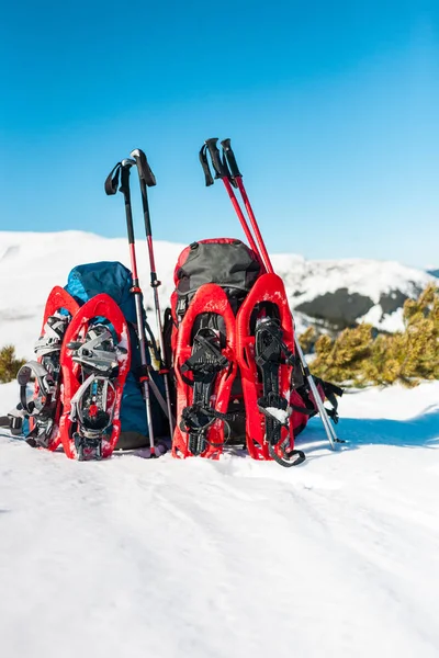 Sırt çantası, kar ayakkabıları ve trekking direkleri. — Stok fotoğraf