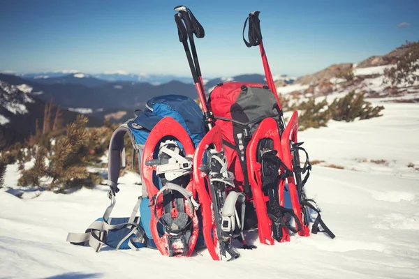 Sırt çantası, kar ayakkabıları ve trekking direkleri. — Stok fotoğraf