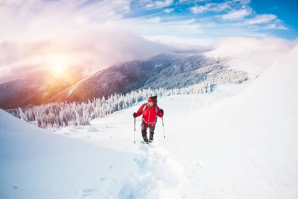 Un homme en raquettes dans les montagnes . — Photo