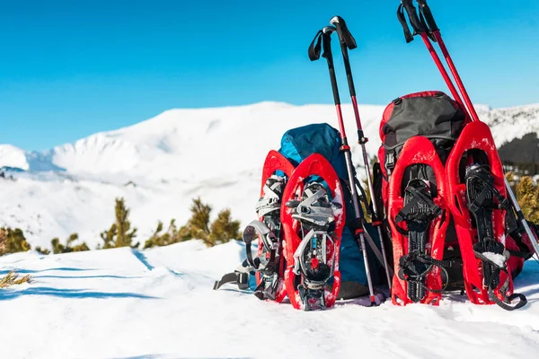 背包、 雪鞋和登山杆. — 图库照片