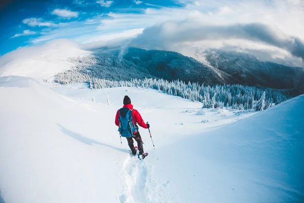 Un homme en raquettes dans les montagnes en hiver . — Photo