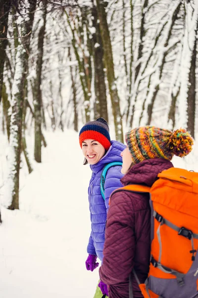 Dos niñas ir en una caminata en invierno — Foto de Stock