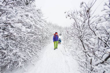Bir kadın bir çocuk bir kızağa taşıyor.