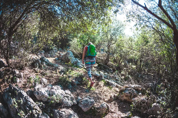 Dağlarda sırt çantalı bir kadın.. — Stok fotoğraf