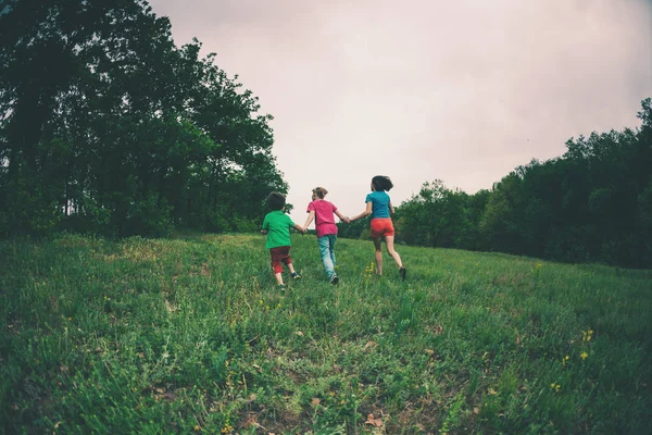 Una mujer con hijos corre por la hierba . — Foto de Stock