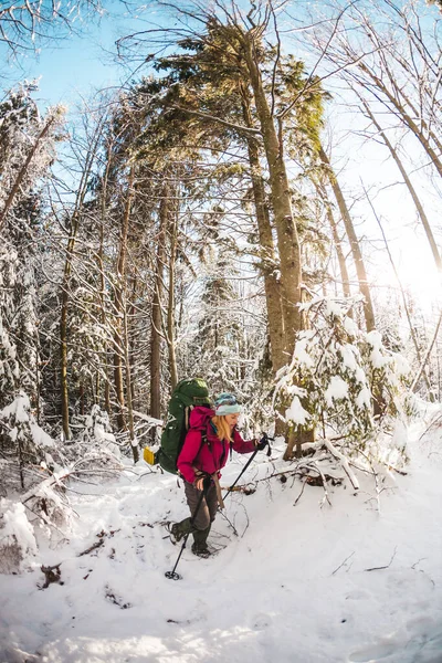 Femme avec sac à dos et raquettes dans les montagnes d'hiver . — Photo