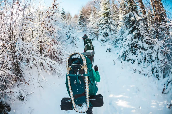 Amigos no inverno caminhando nas montanhas . — Fotografia de Stock