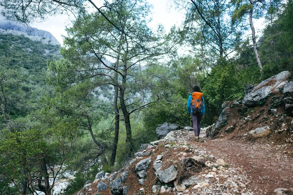 A woman travels alone in picturesque places. A girl with a backpack goes along a mountain trail. A woman walks through the woods alone.