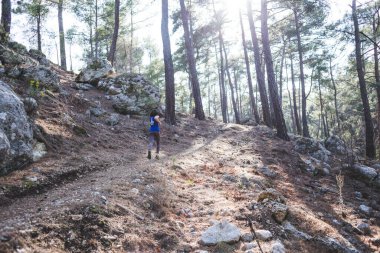 Bir kadın dağ yolunda koşuyor. Koşucu ormanda antrenman yapıyor. Parkta koşan bir kız. Skyrun.