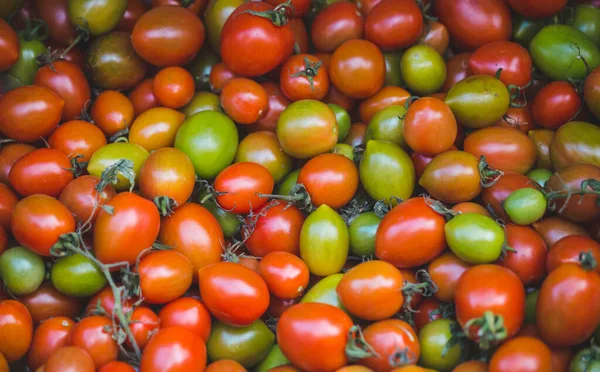 Tomates Frescos Balcão Mercado Tomates Vermelhos Verdes Legumes Nutrição Adequada — Fotografia de Stock