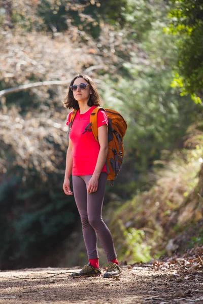 Uma Menina Com Uma Mochila Vai Longo Uma Trilha Montanha — Fotografia de Stock