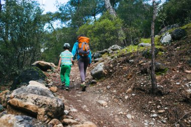 Bir kadın oğluyla birlikte ormanda yürüyor. Annesiyle yürüyüşe çıkan çocuk. Sırt çantalı bir çocuk parkta. Çocuklarla seyahat et. Çocuk annesinin elini tutuyor. Dağ yolu.