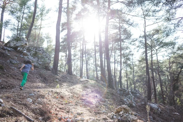 Pojke Springer Längs Bergsstig Ett Barn Går Genom Skogen Aktiv — Stockfoto