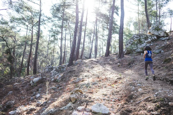 Kvinna Springer Längs Bergsstig Runner Tränar Skogen Flickan Joggar Parken — Stockfoto