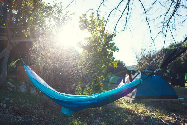Hammock Hangs Tent Campsite Leisure Camping Tents Dawn Outdoor Activities — Stock Photo, Image