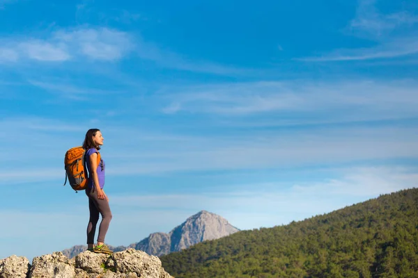 Uma Mulher Com Uma Mochila Fica Topo Uma Montanha Admira — Fotografia de Stock