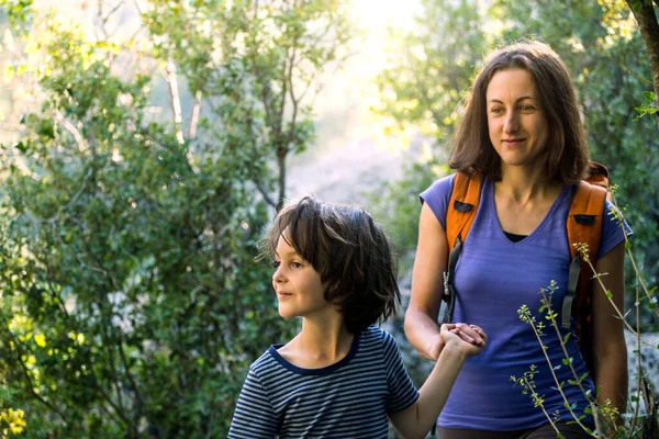 Woman Walks Her Son Forest Boy His Mother Hiking Child — Stock Photo, Image