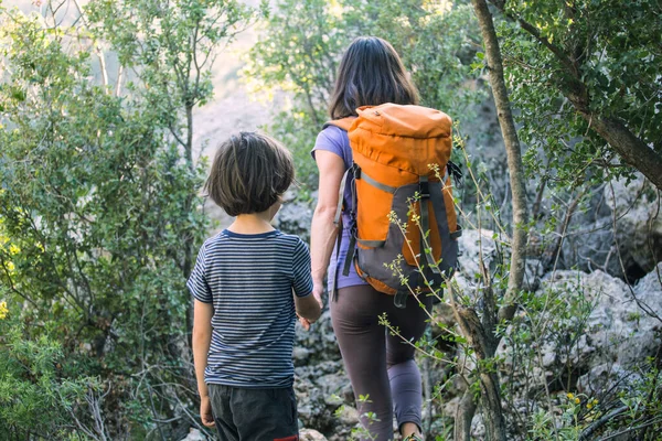 Egy Sétál Fiával Erdőben Fiú Anyjával Túrázni Megy Egy Gyerek — Stock Fotó