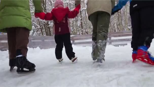 Grup çocuk el ele tutuşarak buz pistinde paten — Stok video