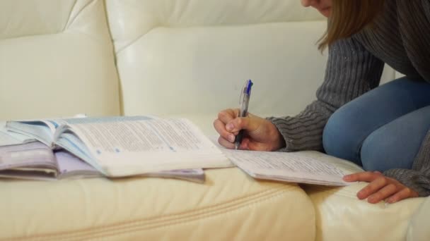 Estudante fazendo seu dever de casa no sofá — Vídeo de Stock