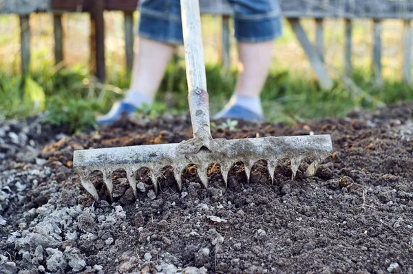 Mujer aflojando camas de jardín con viejo rastrillo oxidado — Foto de Stock