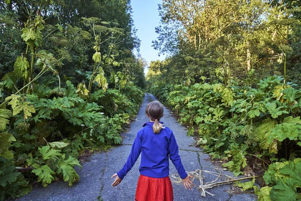 Teenagermädchen auf der Straße von hohem Bärenklau überwuchert — Stockfoto