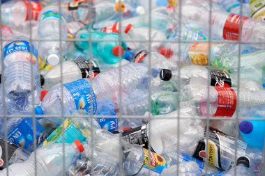 Hayfa, İsrail - 3 Aralık 2019. Ayrı atık toplama için konteynerdeki plastik şişeler