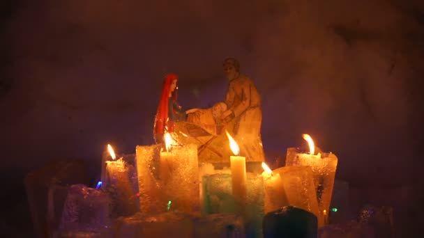 Burth Jesus Installation Snow Igloo House Colorful Icy Lamps Burning — Stock Video