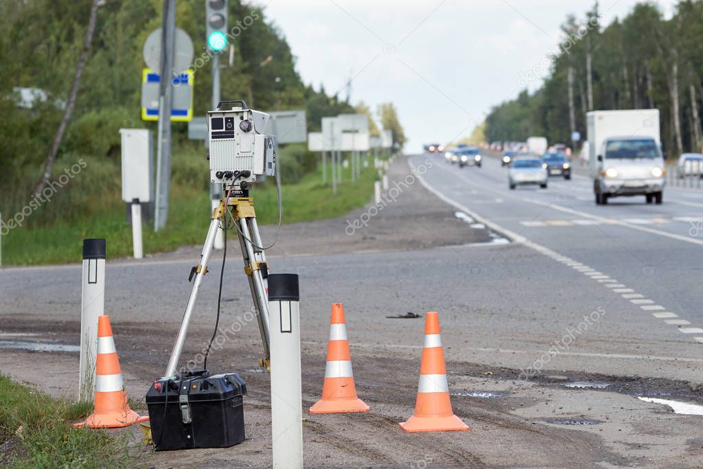Mobile speed camera device standing on highway in Russia