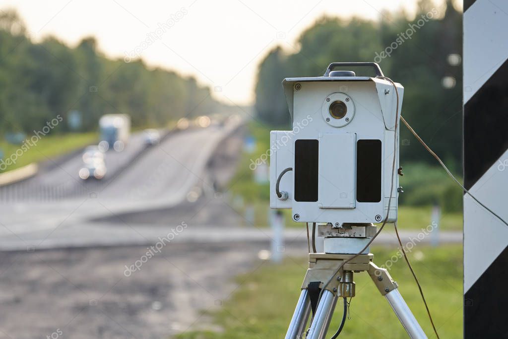 Traffic police speed camera standing on a highway in Russia close up