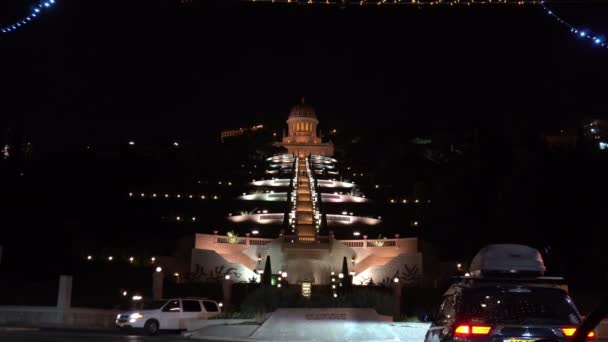 Haifa Israel Novembro 2019 Vista Noturna Iluminado Templo Bahai Escuro — Vídeo de Stock