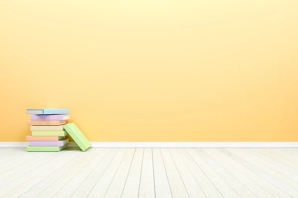 Empty interior pastel  room with wooden floor and books, For dis