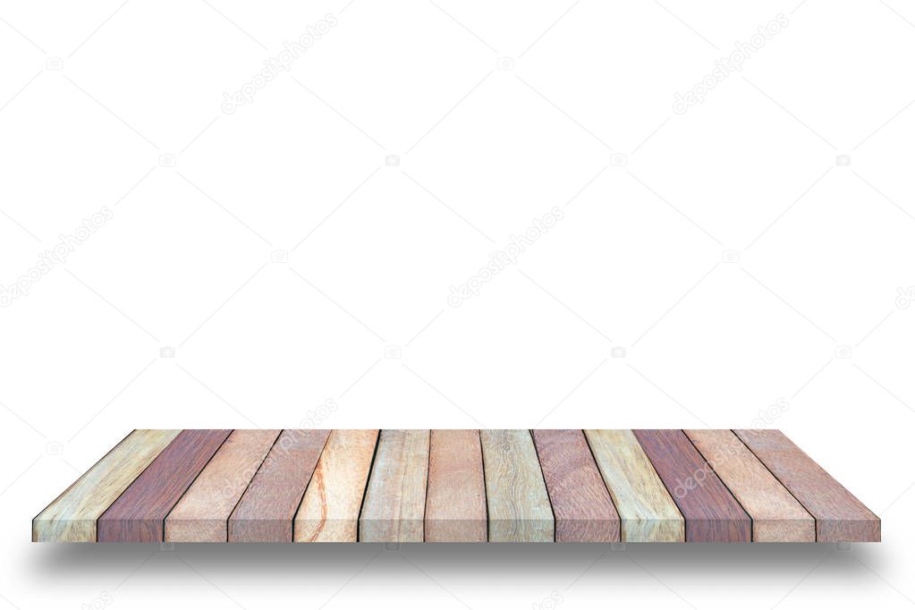 Empty wooden table or shelf wall isolated on white background, F