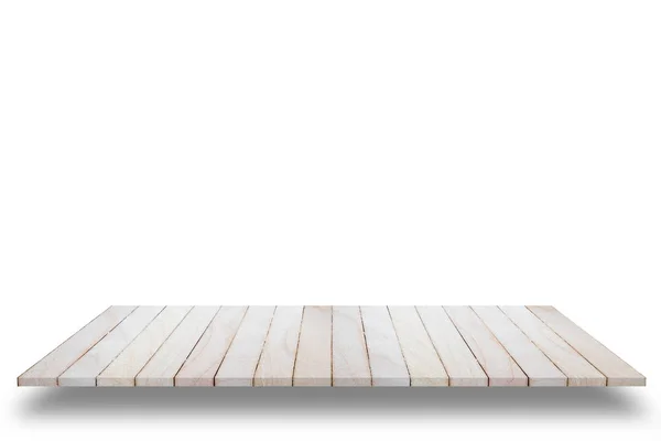 Vista superior vazia da mesa ou balcão de madeira (prateleira) isolado no wh — Fotografia de Stock