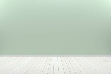 Ürünlerinizi sergilemek için ahşap zemini olan içi boş, açık yeşil bir oda. - 3B görüntüleme.