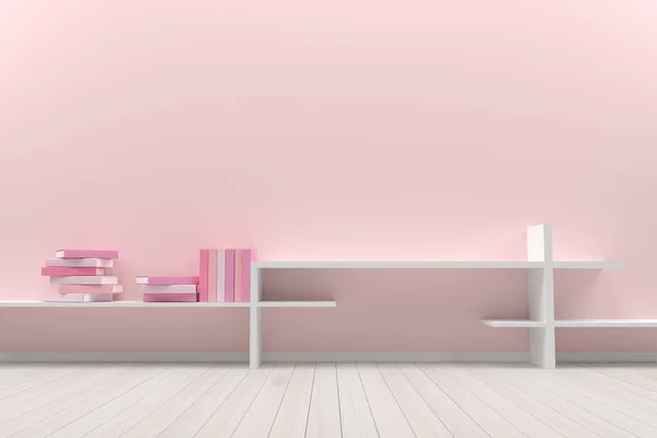 Leere Innenräume Rosa Pastell Mit Holzboden Und Büchern Zur Präsentation Stockbild