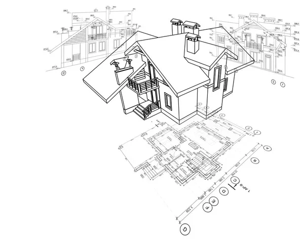 Plan architectural détaillé, plan d'étage, mise en page, vue en perspective, modèle 3D — Photo