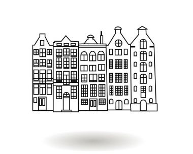 Siyah ve beyaz elle çizilmiş vektör çizim çok öykülü şehir binalar, şehir merkezindeki evler 