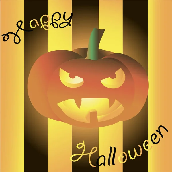 Happy halloween-wenskaart. Gloeiende eng pompoen tegen een gestreepte zwart en oranje achtergrond met een begroeting. — Stockvector