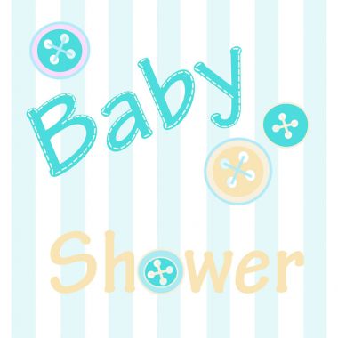 Yumuşak renkler tebrik kartı davet duş bebek için. Açık mavi çizgili renkli düğmeleri ve metin dikiş ile olan