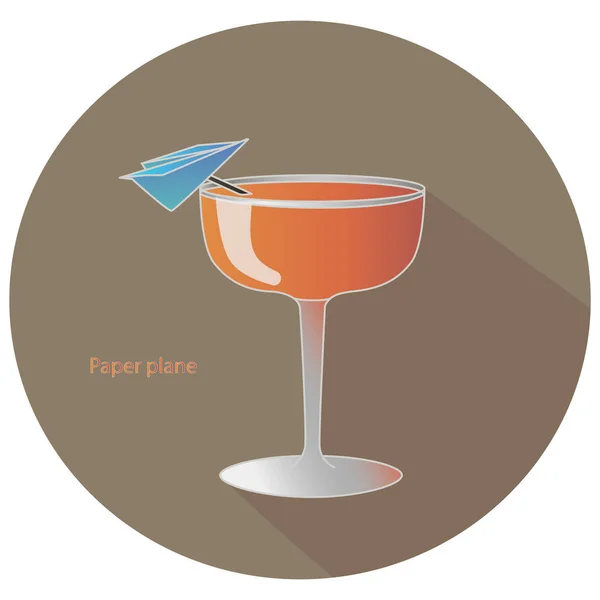 Ilustração vetorial desenhada à mão de um bourbon de álcool plano de papel e coquetel de amaro com uma decoração de plano de papel azul, em um círculo marrom com uma sombra e o texto . — Vetor de Stock