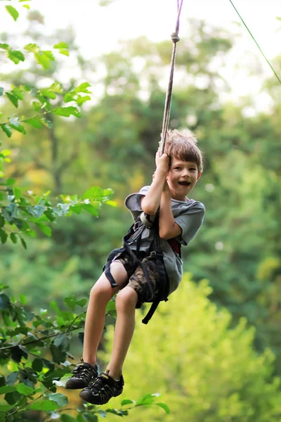 Zip hattını gri t gömlek ve şort parkta ağaçların ve yemyeşil bitki örtüsü arasında havada uçan mutlu bağırmak çocuk