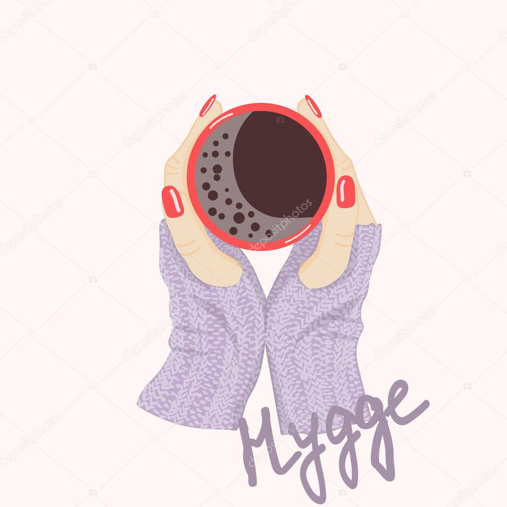 Vector in soft warm colors of woman's hands in knitted lavender gloves holding red cup of coffee matching red nail design. Top view hygge text,