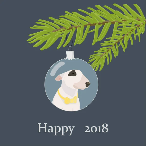 Ручной рисунок булл-терьер собака в желтой бабочке галстук в серо-голубой рождественской безделушки украшения елки и приветствия текст поздравления счастливого 2018 года на темном фоне . — стоковый вектор