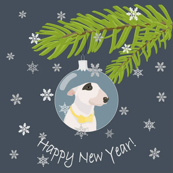 Cão terrier touro desenhado à mão em amarelo gravata borboleta no cinza azul bauble Natal decoração árvore de Natal e texto saudação desejando feliz 2018 contra fundo escuro . — Vetor de Stock