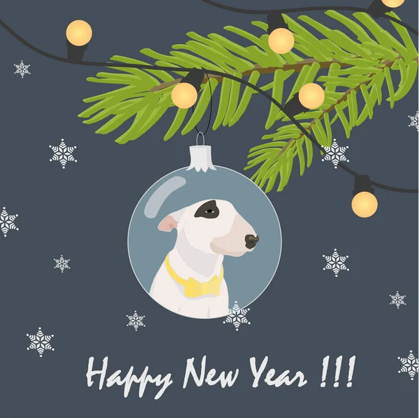 Cão terrier touro desenhado à mão em amarelo gravata borboleta no cinza azul bauble Natal decoração árvore de Natal e texto saudação desejando feliz 2018 contra fundo escuro . — Vetor de Stock